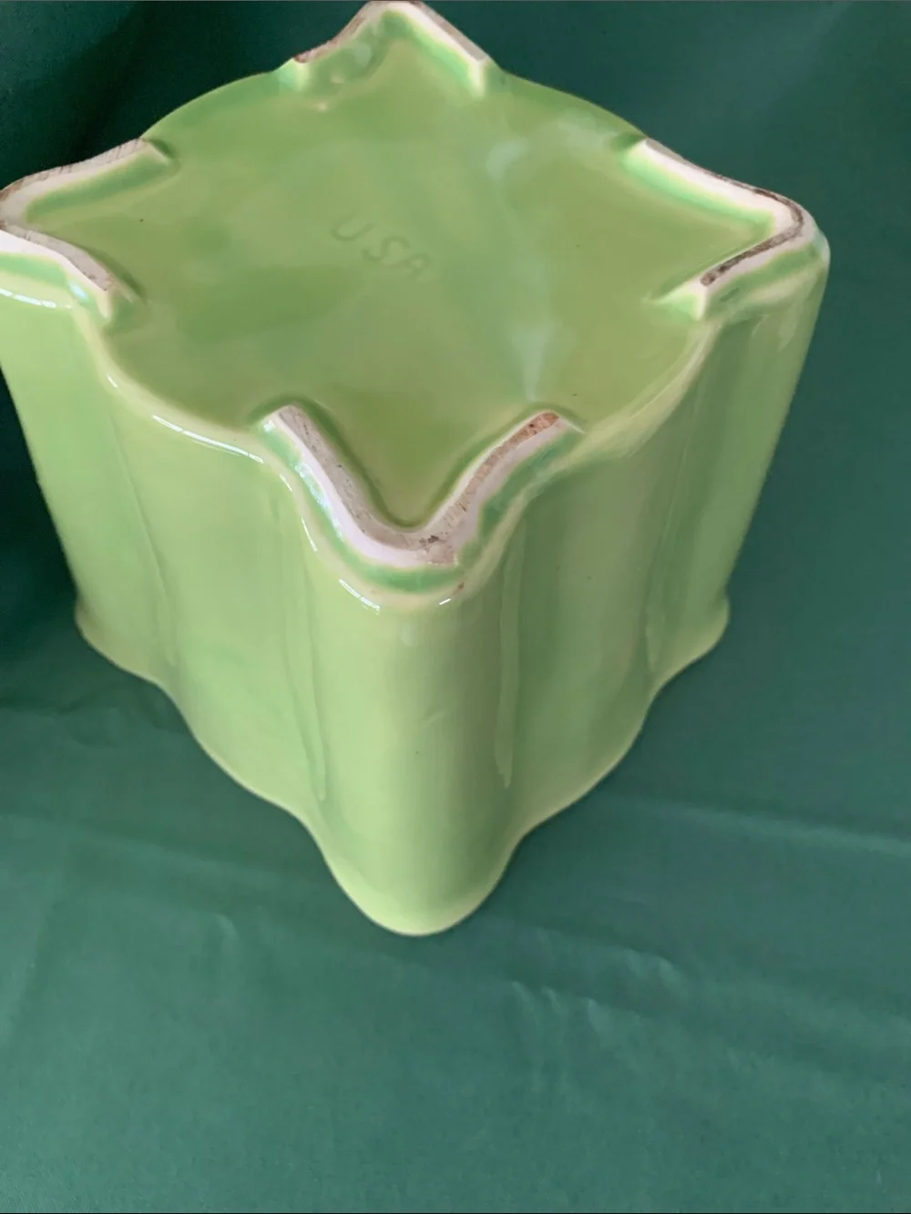VTG USA  Pottery Glazed Square Footed Planter Chartreuse/Soft Lime Green 6” X 6”